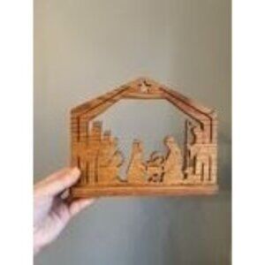 Vintage Handcrafted Wooden Nativity Scene With Stable & Manger